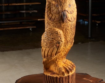 Owl Sculpture, Hand Carved, Solid Wood Art, Nature,