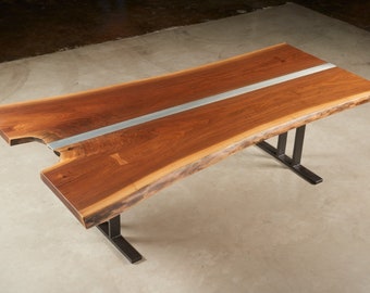 IN STOCK NOW!! Walnut with Aluminum Inlay, Rustic Country Walnut Dining Table, Modern Kitchen Table, Live Edge Furniture