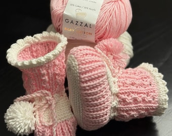 Botitas rosas de punto acogedoras, calcetines para recién nacidos hechos a mano, regalo para bebé recién nacido