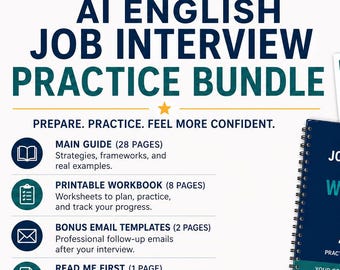 Paquete de práctica de entrevistas de trabajo en inglés con IA, preguntas de ChatGPT, libro de ejercicios en PDF imprimible (descarga digital)