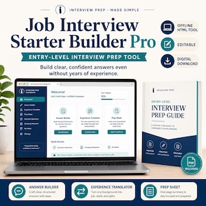 Op de afbeelding: Een laptop toont de interface "Job Interview Starter Builder Pro", samen met een boek getiteld "Entry-Level Interview Prep Guide". De interface bevat tools voor het bouwen van antwoorden, het vertalen van ervaring en het maken van voorbereidingsbladen. Het boek en de laptop staan op een houten oppervlak.