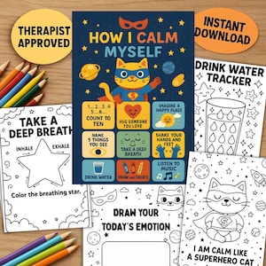 May include: A set of printable mental health resources. Includes a poster titled "How I Calm Myself" with a superhero cat, a drink water tracker, and colouring pages with prompts like "Take a deep breath."