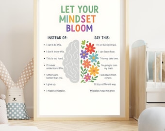May include: A framed print with the words "LET YOUR MINDSET BLOOM" in green, orange, and blue. The print contrasts negative self-talk with positive affirmations, featuring a brain graphic and colorful flowers. The frame is a light wood colour.