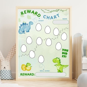 May include: A printable dinosaur-themed reward chart featuring a green and blue dinosaur illustration. The chart has a space for a name, a start point, and a path of 10 eggs to colour in. The text "You Did It!" and "Well Done!" are included.