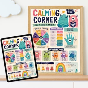 May include: A framed poster and a tablet, both displaying a "Calming Corner" design. The design includes a wheel of feelings, coping tools, and illustrations. The text encourages emotional awareness and self-regulation.