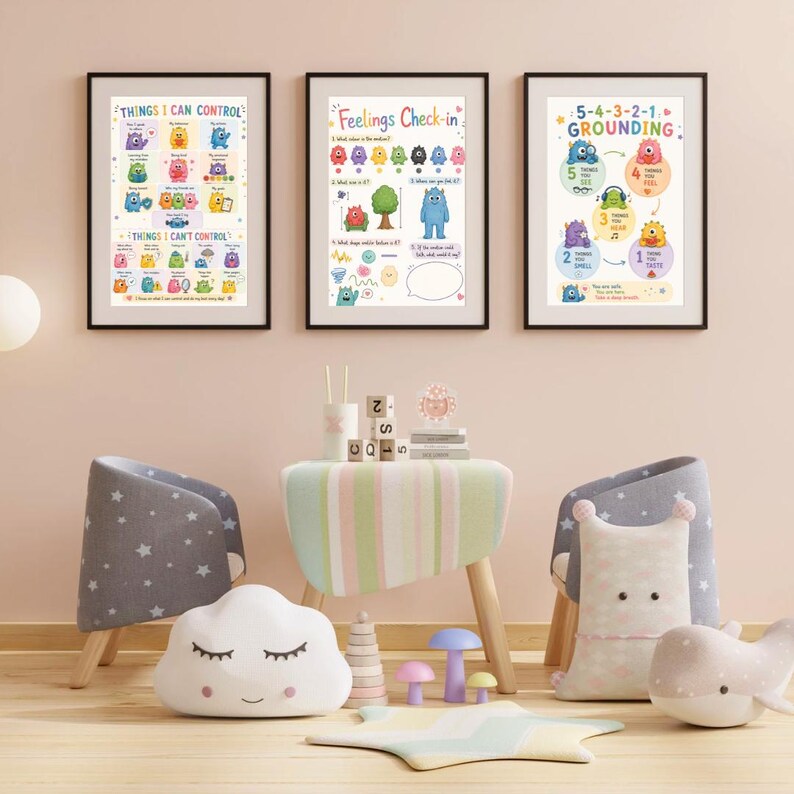 May include: Three framed educational posters with colourful illustrations and text, including "Things I Can Control," "Feelings Check-in," and "5-4-3-2-1 Grounding." The scene includes children's furniture and decorative items.