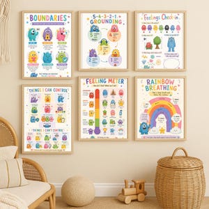 May include: Six framed educational posters with colourful illustrations and text. The posters cover topics like boundaries, grounding techniques, and emotional regulation. Each poster features friendly monster characters and clear, concise instructions for children.