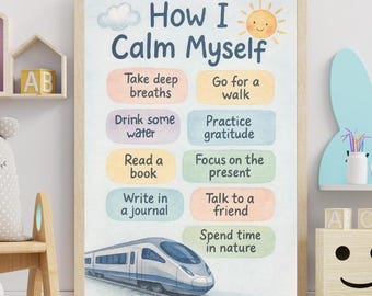 Calming Techniques Printable Train Poster| Classroom Self Regulation Kids Emotions| Mental Health| Therapy Crounding Corner| Anxiety Mindful