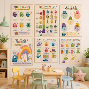 May include: Six framed educational posters with colourful illustrations and text. The posters cover topics like boundaries, feelings, and coping mechanisms, featuring friendly monster characters. The room also includes a small table and chairs.