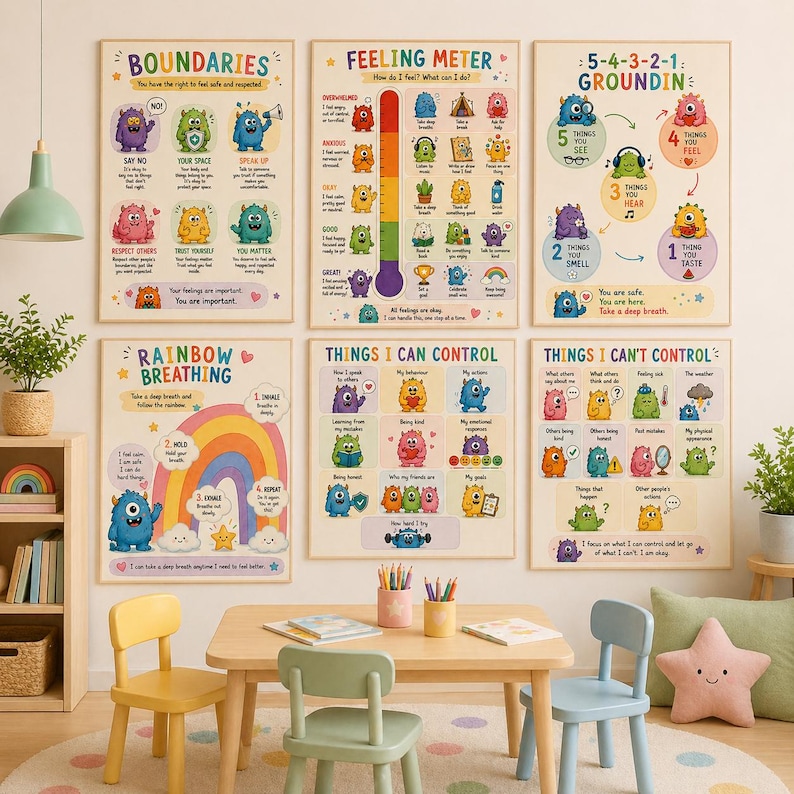 May include: Six framed educational posters with colourful illustrations and text. The posters cover topics like boundaries, feelings, and coping mechanisms, featuring friendly monster characters. The room also includes a small table and chairs.