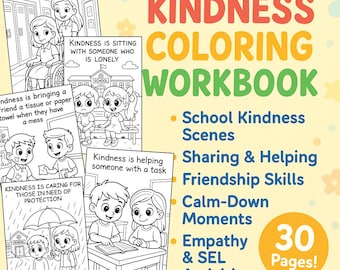 30 Kindness Coloring Pages for Kids| School Kindness Activities| Classroom SEL Worksheets|Social Emotional Learning Printables|Mental Health