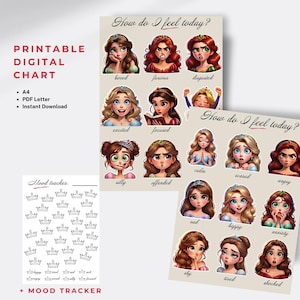 May include: Printable digital chart with illustrations of princesses expressing different emotions, such as bored, excited, and happy. Includes a mood tracker with crown graphics. The text reads "How do I feel today?" and "+ Mood Tracker."