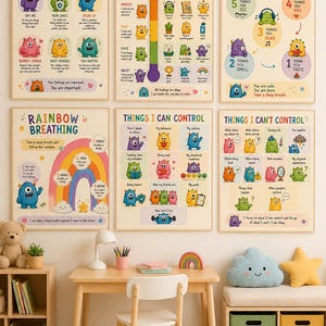 May include: Six educational posters with colourful illustrations and text. The posters cover topics like boundaries, feelings, grounding techniques, and rainbow breathing. The artwork features friendly monster-like characters and a child's desk.