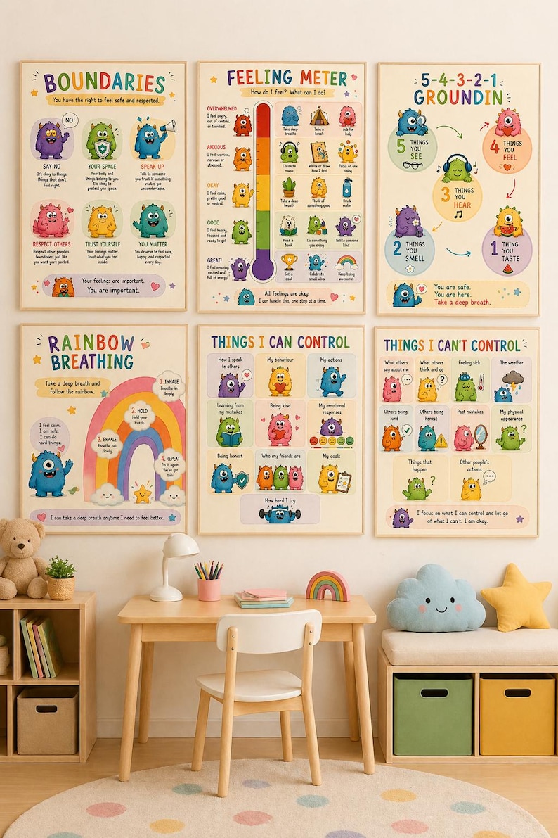 May include: Six educational posters with colourful illustrations and text. The posters cover topics like boundaries, feelings, grounding techniques, and rainbow breathing. The artwork features friendly monster-like characters and a child's desk.