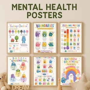 Op de afbeelding: Een set van zes ingelijste posters met kleurrijke illustraties en tekst over geestelijke gezondheid. De posters bevatten titels als "Feelings Check-in", "Boundaries" en "Rainbow Breathing". De bovenste tekst luidt "MENTAL HEALTH POSTERS".