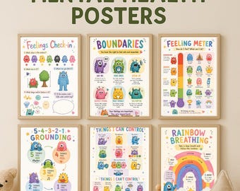 May include: Six framed posters with mental health themes, featuring colourful illustrations and text. Titles include "Feelings Check-in," "Boundaries," and "Rainbow Breathing." The top text reads "MENTAL HEALTH POSTERS."