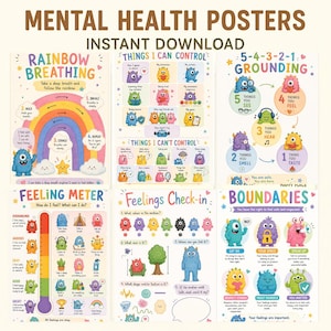 May include: Six colourful mental health posters featuring friendly monster illustrations. The posters cover topics such as breathing exercises, grounding techniques, and identifying feelings. Text includes "Instant Download" and self-help prompts.