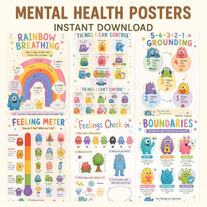 May include: Six colourful mental health posters featuring friendly monster illustrations. The posters cover topics such as breathing exercises, grounding techniques, and identifying feelings. Text includes "Instant Download" and self-help prompts.