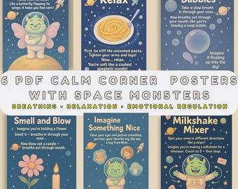 Calm Corner Techniques Printable Space Monster Poster| Classroom Self Regulation Kids Emotions| Child Mental Health| Therapy Anxiety Mindful