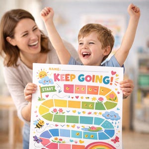 May include: A colorful reward chart with the words "KEEP GOING!" and a game board design. The chart features a path with spaces, illustrations of a sun, clouds, flowers, and a rainbow. A child and an adult are holding the chart and smiling.