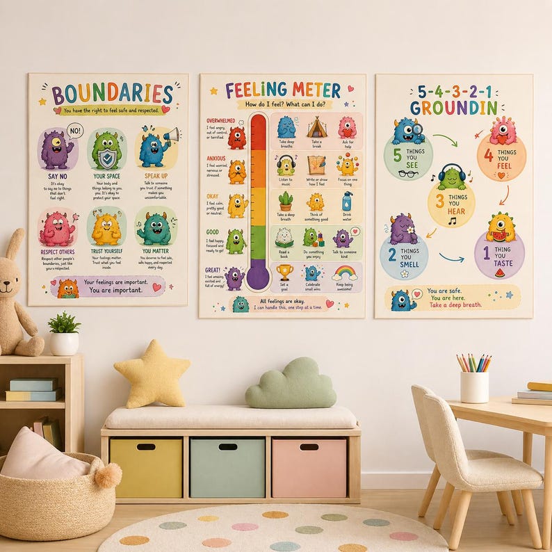 May include: Three educational posters with colourful illustrations and text. The posters cover topics like boundaries, a feeling meter, and grounding techniques. The room also features a bench with storage, a rug, and a small table.
