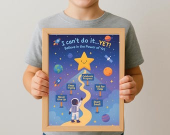 Growth Mindset Classroom Kids Poster | Motivational Wall Art |Power of Yet Astronaut Digital PDF Print |SEL School Decor| Kindergarten Space