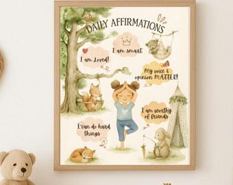 Daily Affirmations Poster for Kids Room or Classroom | Positive Wall Art for Children | Montessori Nursery Decor | Woodland Animals Print