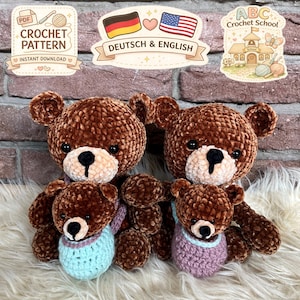 Crochet Bear Family Pattern PDF – Easy Amigurumi for Beginners – Step by Step Tutorial – Includes Crochet Basics Course – English & German