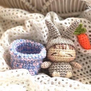 May include: A small crochet doll wearing a gray bunny ear hat, featuring a round face with closed eyes and brown hair. Beside the doll is a small, round, blue and pink variegated crochet basket and a tiny orange crochet carrot with green leaves.