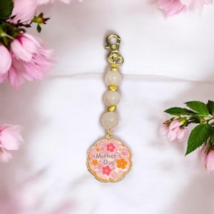 Handgemachte Rose Quartz Muttertag Schlüsselanhänger | Rosa Kristall Perlen Taschenanhänger | Geschenk für Mama | Herz Heilung Edelstein Schlüsselanhänger | Blumen Schlüsselring