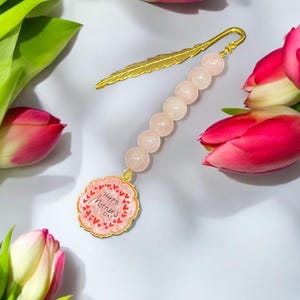 Handmade Rose Quartz Mother’s Day Bookmark | Handmade Crystal Bookmark Gift for Mum | Heartfelt Gift with Real Rose Quartz Beads
