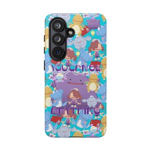 May include: A phone case with a vibrant, cartoonish design featuring various characters in shades of blue, yellow, purple, and brown. The case has the text "YOU CAN BE ANYTHING" in a playful font. The case has a camera cutout.