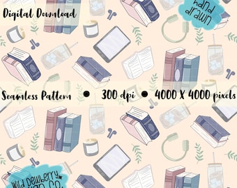 Bookish Pastel Seamless Pattern, Cozy Reading (Digital Download)