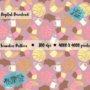 May include: A seamless pattern featuring various pastries and coffee cups on a pink grid background. The design includes croissants, conchas, and other baked goods in shades of yellow, pink, and brown. The words "Digital Download" and "Seamless Pattern" are visible.