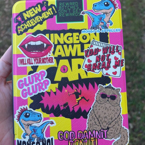 Dungeon Crawler Inspired Kindle Case | Gamer Reader Cover | Funny Bookish Kindle Sleeve | Neon Collage Case | Gift for Fantasy & LitRPG Fans