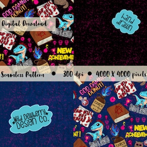 以下が含まれることがあります： 漫画の恐竜、下着、本、ボトルを特徴とするデジタルシームレスパターン。 デザインには「GOD DAMN DONUT！」と「NEW ACHIEVEME」の文字が含まれています。 デジタルダウンロードとして利用可能です。