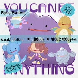 Könnte beinhalten: Digitaler Download-Grafik mit einem lila Blob mit dem Text "YOU CAN DO ANYTHING". Das Bild enthält mehrere Cartoon-Charaktere in verschiedenen Farben, mit den Worten "handgezeichnet" und "nahtloses Muster". Das Bild ist 4000 x 4000 Pixel groß.