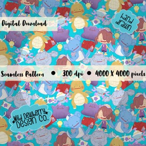 Könnte beinhalten: Ein nahtloses Muster mit Cartoon-Charakteren in Blau, Gelb, Lila und Rosa auf türkisfarbenem Hintergrund. Das Design enthält den Text "Digital Download", "Seamless Pattern", "hand drawn" und "Wild Dewberry Design Co."
