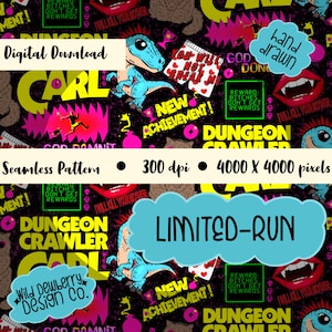 May include: Seamless pattern digital download with a black background, featuring cartoon dinosaurs, text, and graphic elements in vibrant colors. Includes the text "LIMITED-RUN" and "NEW ACHIEVEMENT!"