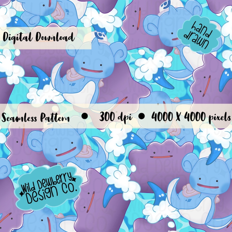 Ditto Water Types Pokopia Seamless Pattern | Lapras | Pokemon | Digital Paper | Fabric ...