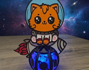 Night Light Cat Astronaut 3D Paper, 3D Astronaut Cat Paper Lantern SVG for Cricut and Sillouhouette, DIY kids Night Light, Digital Download