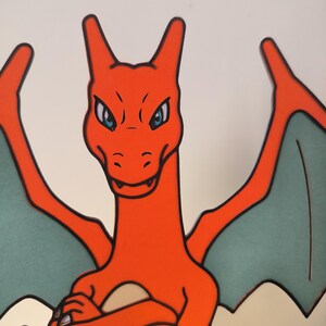 May include: A red and orange cartoon dragon with teal wings. The dragon has a fierce expression with blue eyes and a wide open mouth.