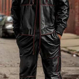 May include: Black leather-look tracksuit with red trim. The jacket has a hood and the pants have pockets. The outfit is paired with black and white sneakers. The person is standing on a city street.