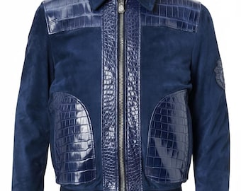 Navy Suede Bomber Jacket: Embossed Crocodile Leather