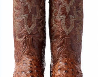 Brązowe kowbojskie buty męskie ze skóry strusia | Ręcznie robione buty w stylu western | Egzotyczne skórzane buty Roper | Buty w stylu vintage