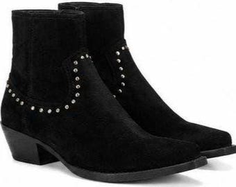 Handmade Black Suede Western Ankle Boots for Women | Studded Cowboy Booties | Pointed Toe Leather Chelsea Boots | Block Heel Fashion Boots