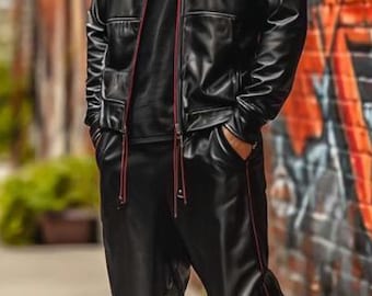 Black Leather Tracksuit for Men - Sleek Athletic Style