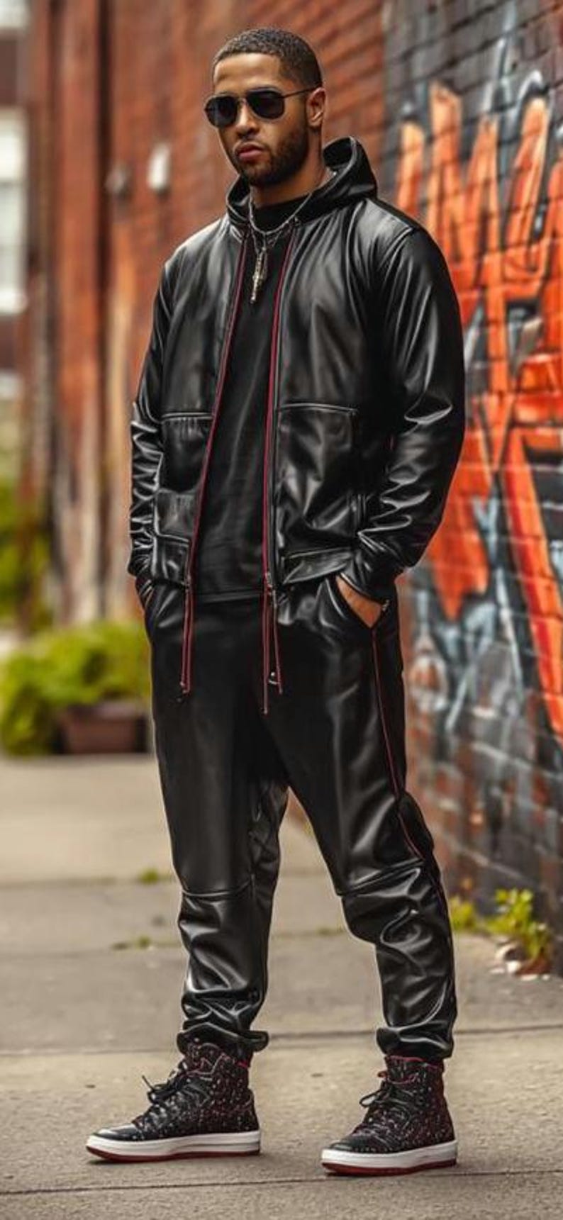 May include: A person wearing a black leather jacket with red trim, matching pants, and patterned high-top sneakers. The outfit includes a black t-shirt and sunglasses. The background features a brick wall with graffiti.