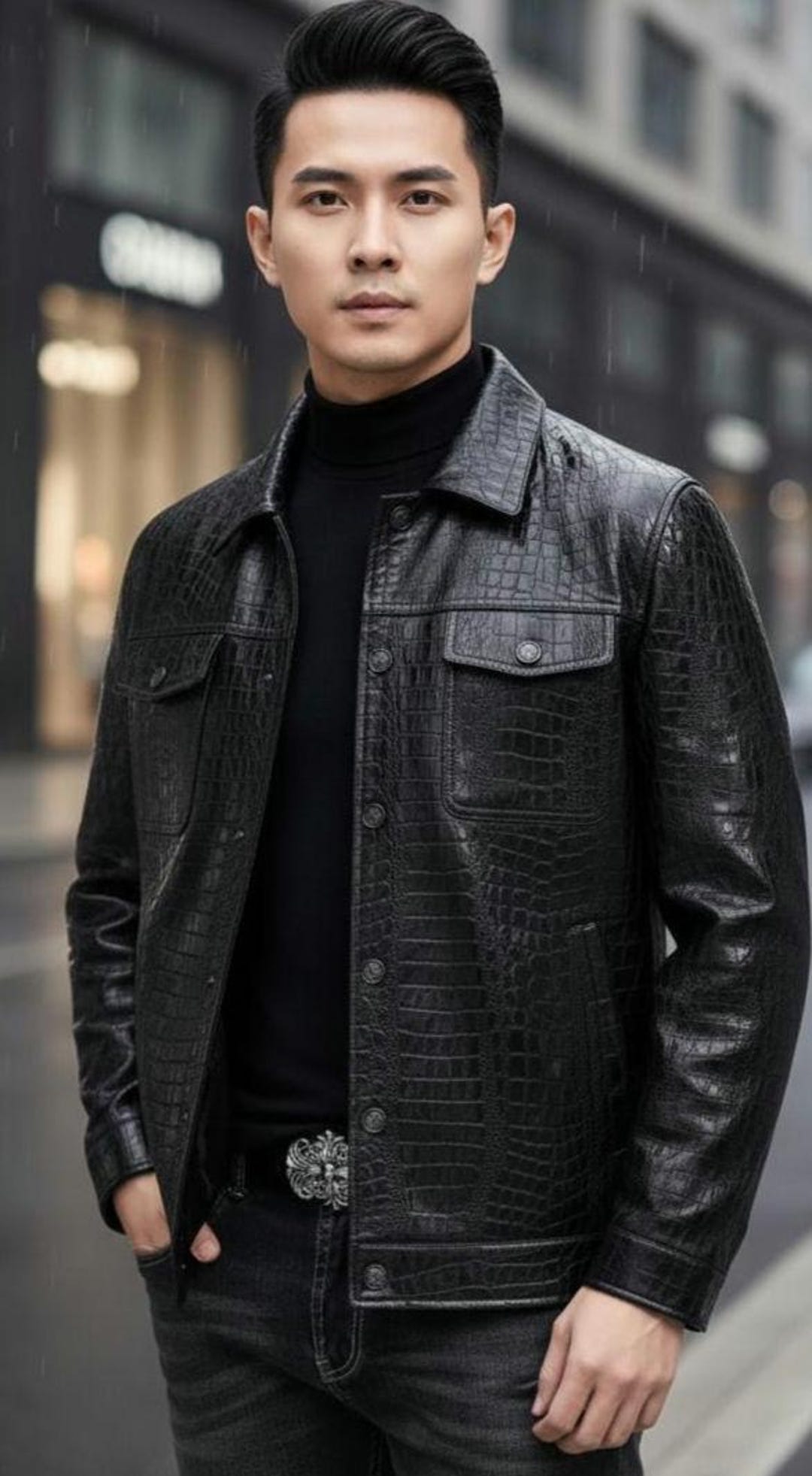 Handmade Men's Black Leather Crocodile Embossed Jacket - Slim Fit