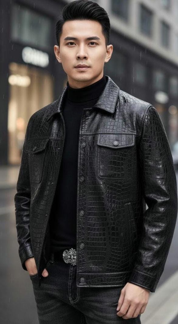Handmade Men's Black Leather Crocodile Embossed Jacket - Slim Fit